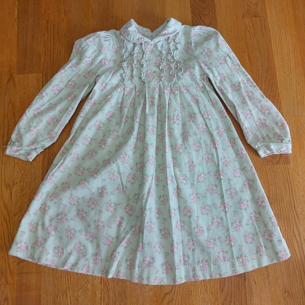 VTG Laura Ashley Corduroy  Peasant Dress Size 5 Long Sleeves Mint green Floral